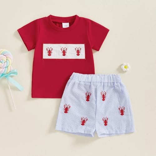 Kiluex Soft Toddler Boys Summer Outfit with Embroidered Strioe Pattern