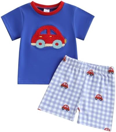 Baby Boy Clothes - Tractor Embroidery T-Shirt Plaid Shorts Set