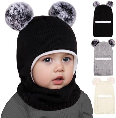 Beanie with Puffy Ears and Lined Neck Warmer