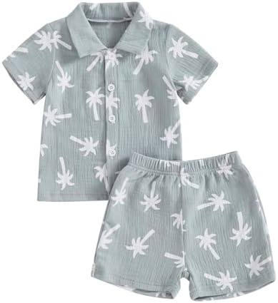 Cute Toddler Boys Beach Outfit Palm Print Short Sleeve 2PCS Beach Set