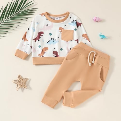 Douhoow Baby Boy 2Pcs Fall Outfits Dinosaur Print Sweatsuit Pants Set Toddler Clothes