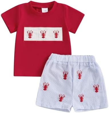 Kiluex Soft Toddler Boys Summer Outfit with Embroidered Strioe Pattern