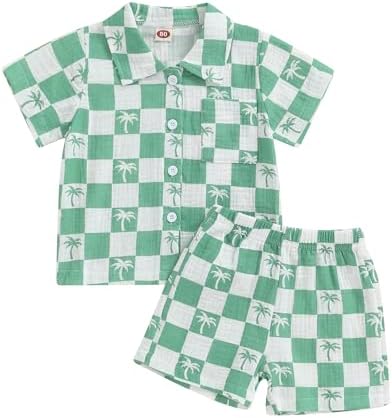 Mandizy Toddler Baby Boy Summer Outfit - Checkered Palm Tree Print 2-Piece Set