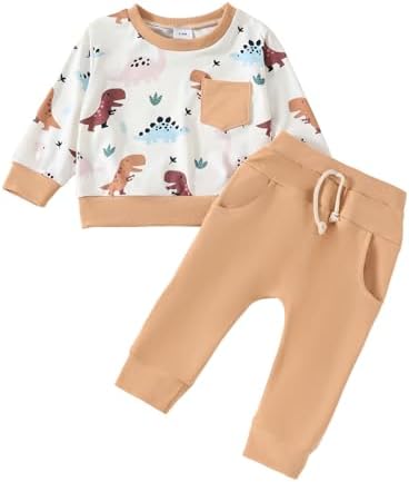 Douhoow Baby Boy 2Pcs Fall Outfits Dinosaur Print Sweatsuit Pants Set Toddler Clothes