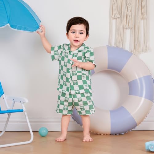 Mandizy Toddler Baby Boy Summer Outfit - Checkered Palm Tree Print 2-Piece Set