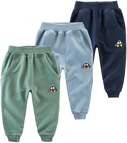 BeiVSlley Baby Boys 3 Pack Cotton Jogger Pants with Cute Embroidery