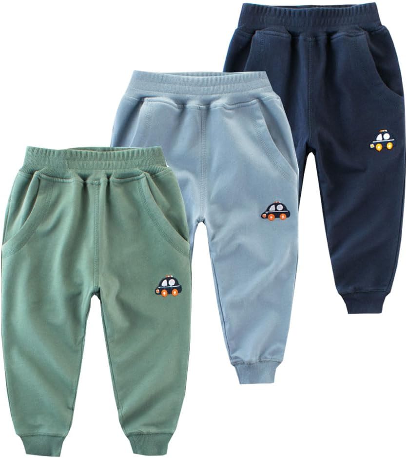 BeiVSlley Baby Boys 3 Pack Cotton Jogger Pants with Cute Embroidery
