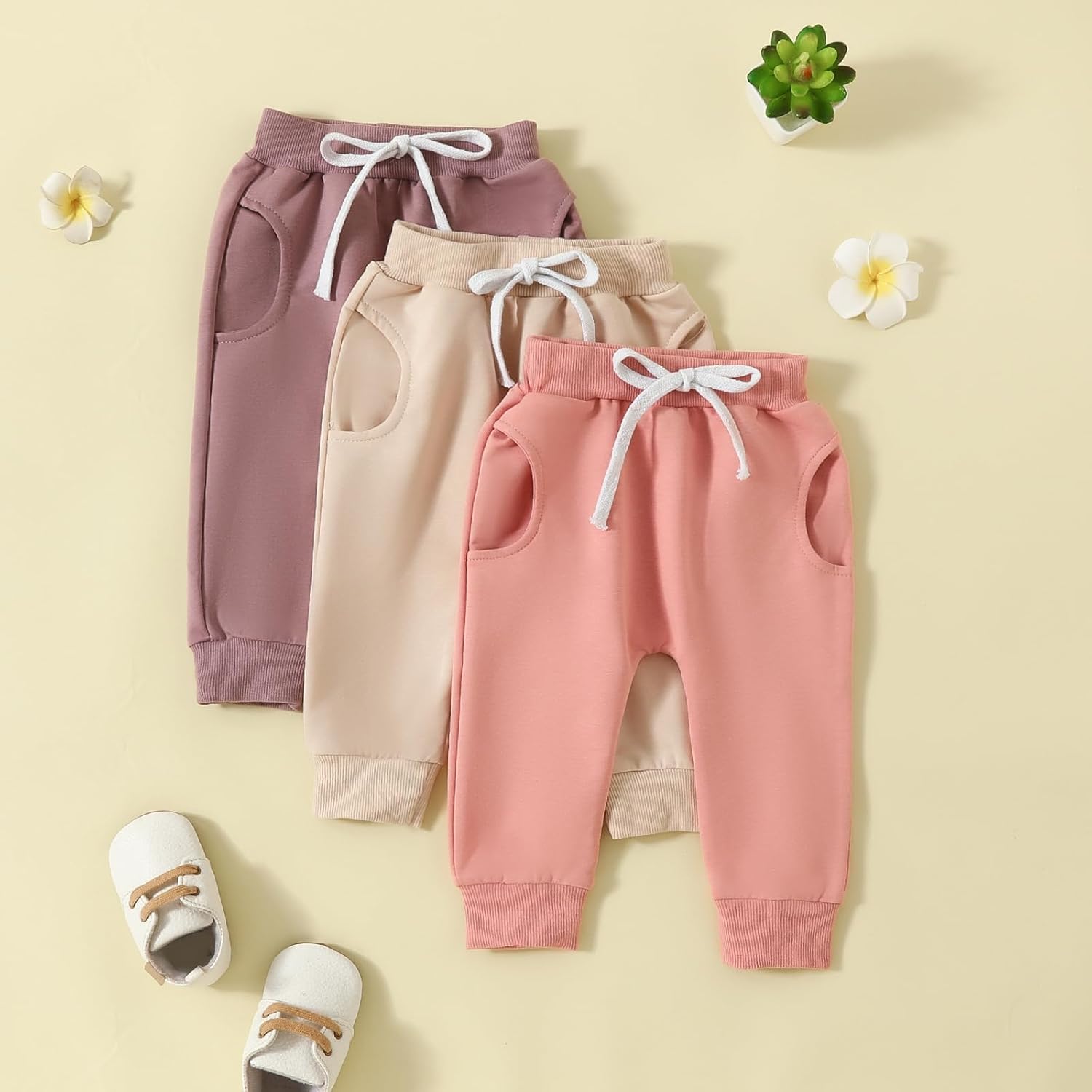 3-Pack Solid Cotton sweatpants for Babies Cute Lightweight