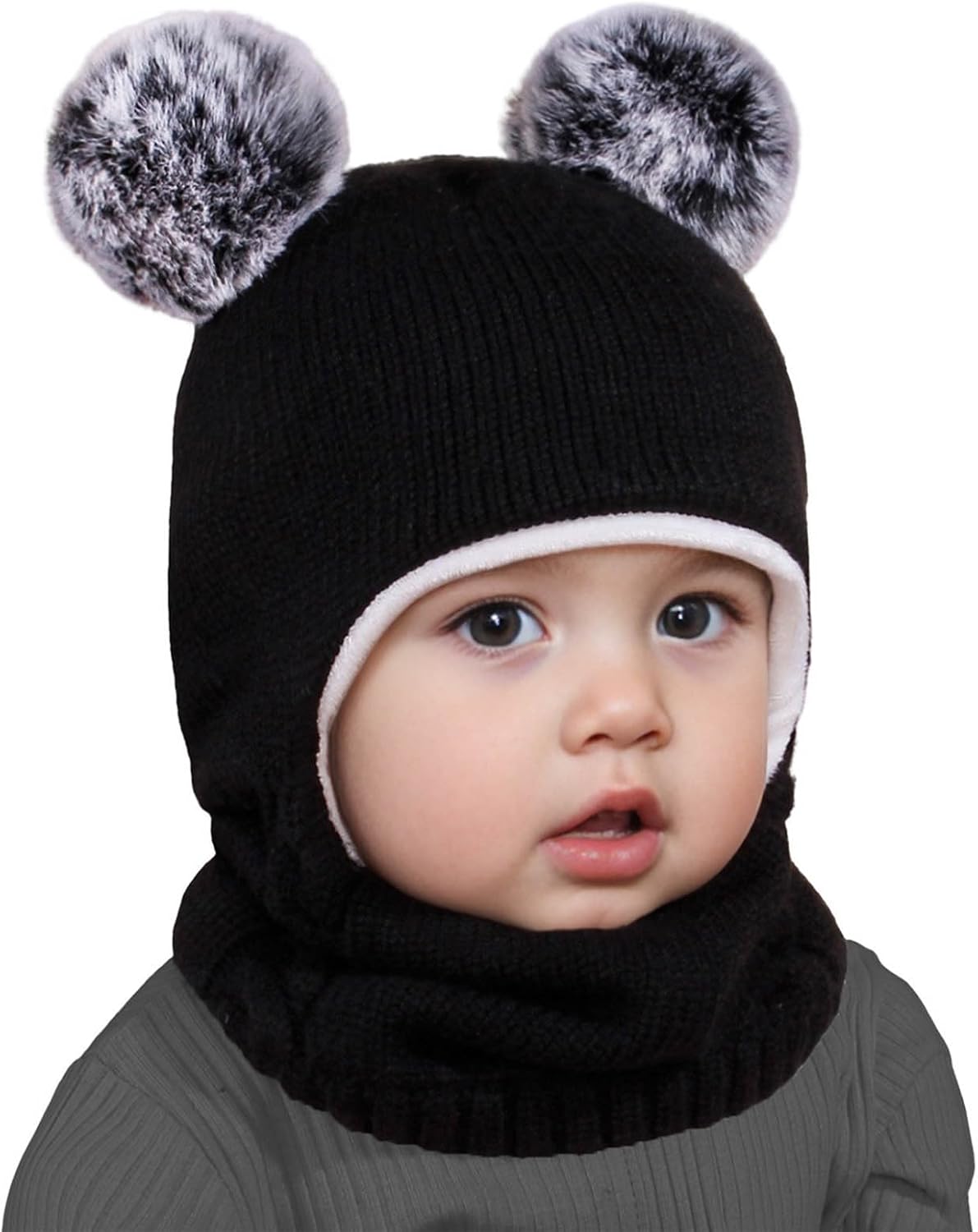 Beanie with Puffy Ears and Lined Neck Warmer