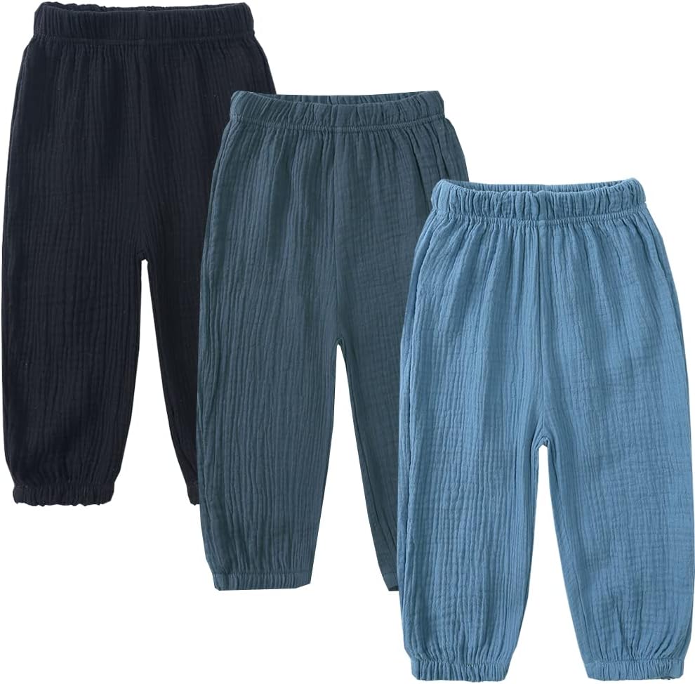 GFQLONG 3 Pack Casual Toddler Boys Girls Soft Cotton Linen Pants