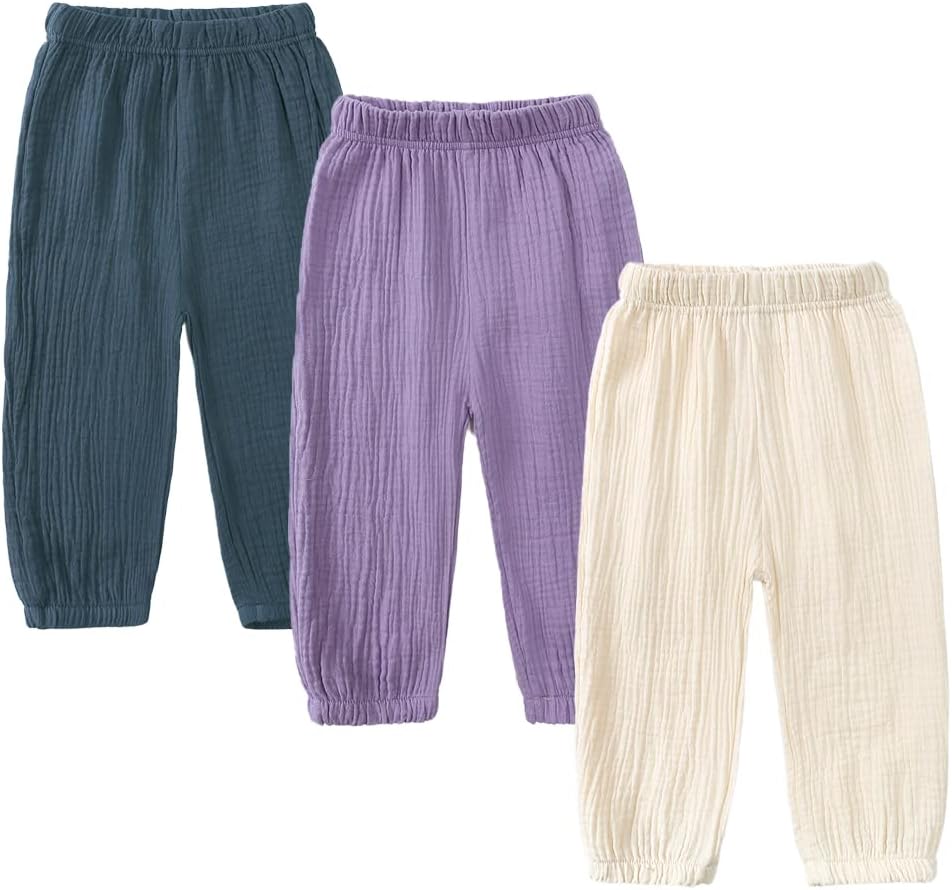 3Packs Cotton Linen Elastic Waist Pants for Kids Summer