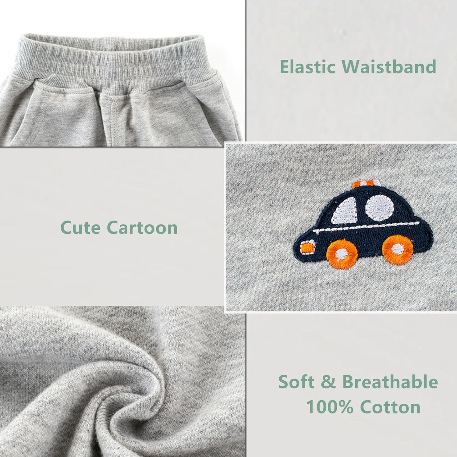 BeiVSlley Baby Boys 3 Pack Cotton Jogger Pants with Cute Embroidery