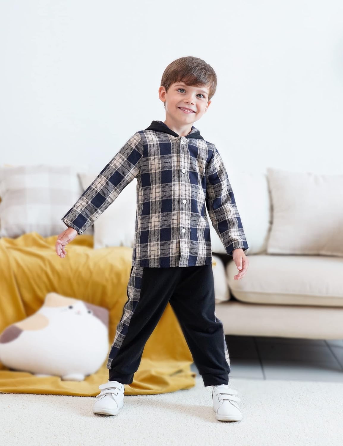 Fuermos Toddler Boys Flannel Lattice Button-Down Hoodie Set - FallWinter Perfectly CozyBundle