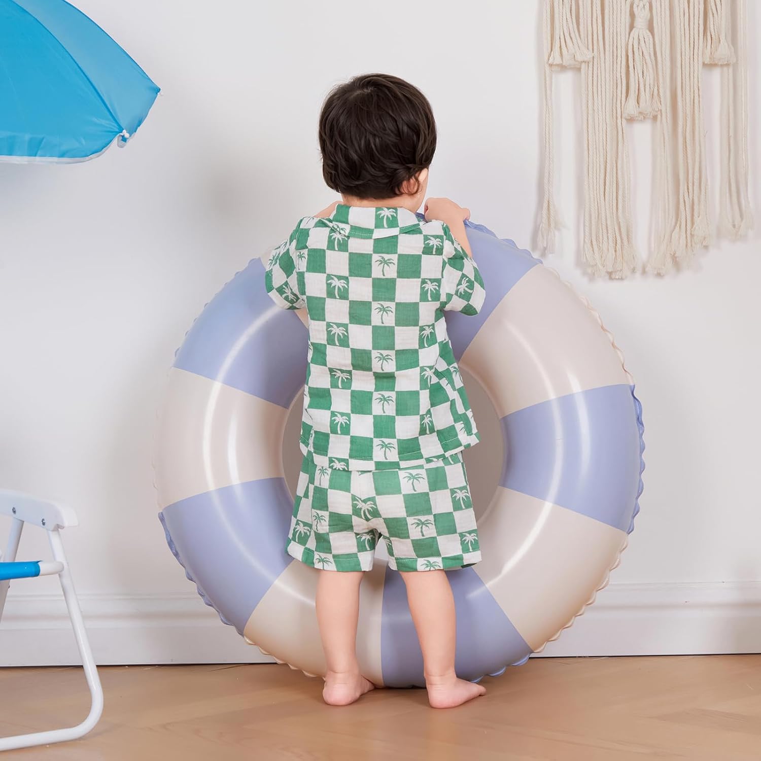 Mandizy Toddler Baby Boy Summer Outfit - Checkered Palm Tree Print 2-Piece Set
