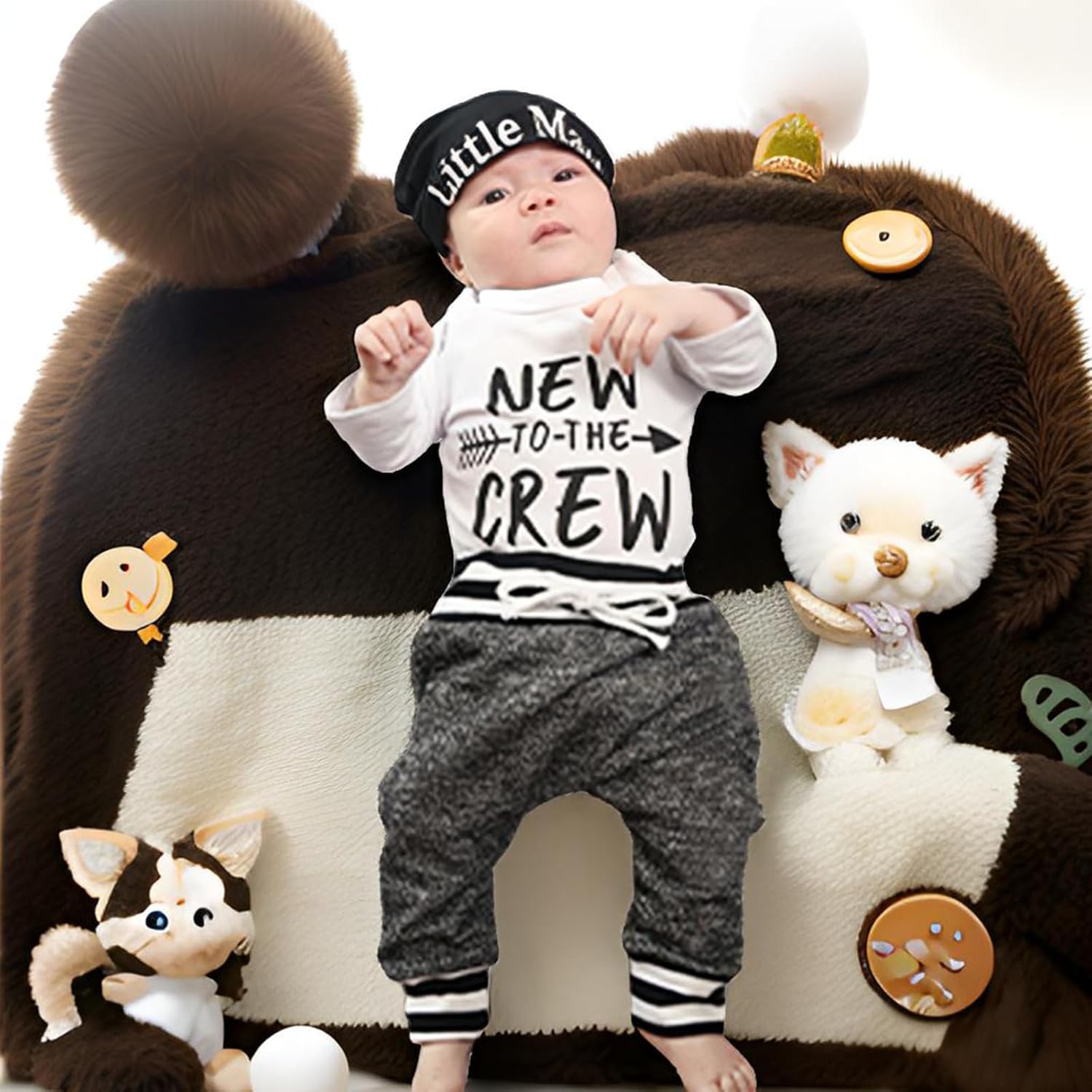 Baby Boys 3-Piece Set Soft Cotton Romper Elastic Pants Hat - Fun indexable