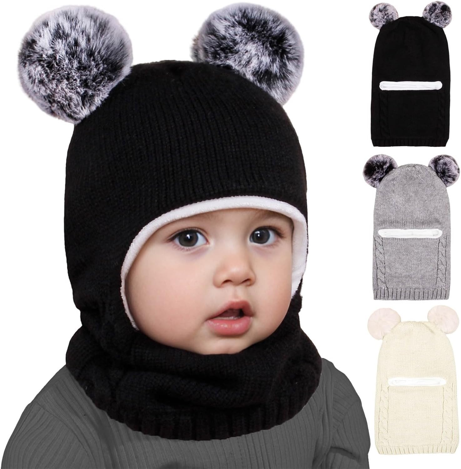 Beanie with Puffy Ears and Lined Neck Warmer