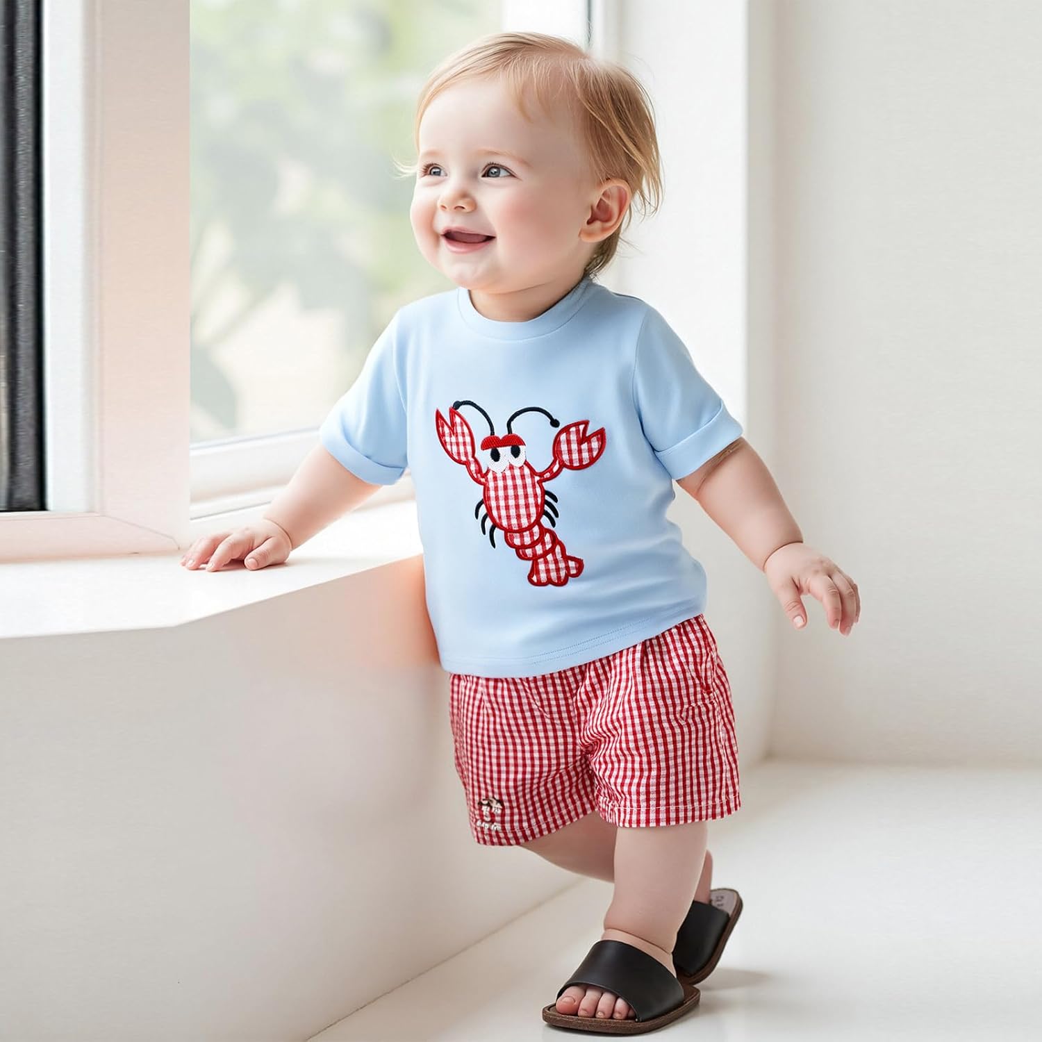 Lobster Crab Embroidery Short Set for Babies