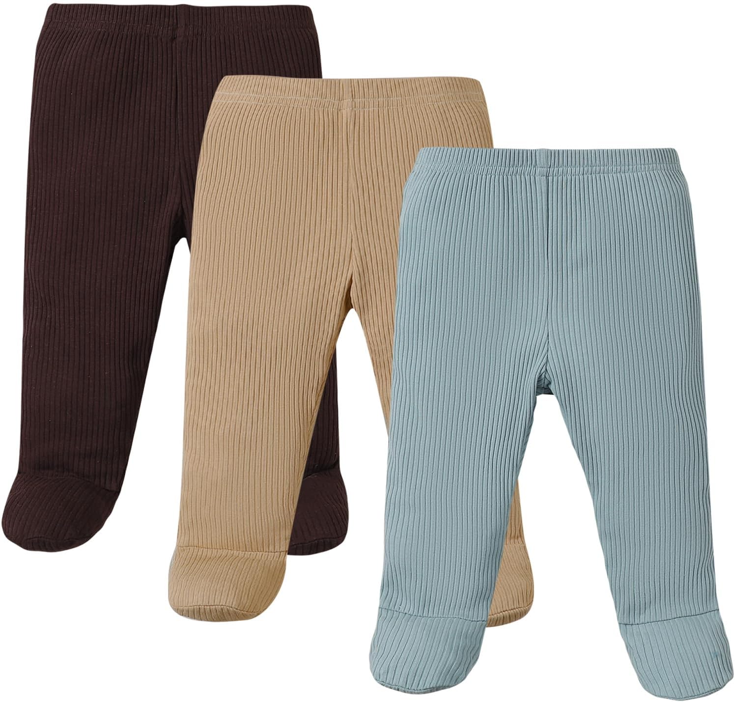 SOBOWO Newborn Footed Pants 3-Pack Solid Ribbed
