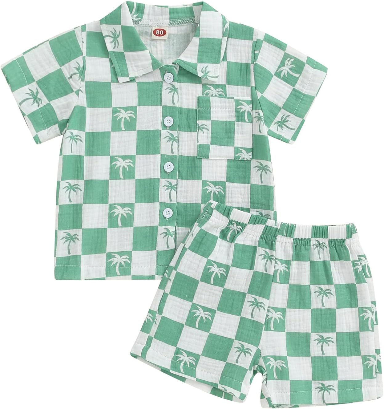 Mandizy Toddler Baby Boy Summer Outfit - Checkered Palm Tree Print 2-Piece Set