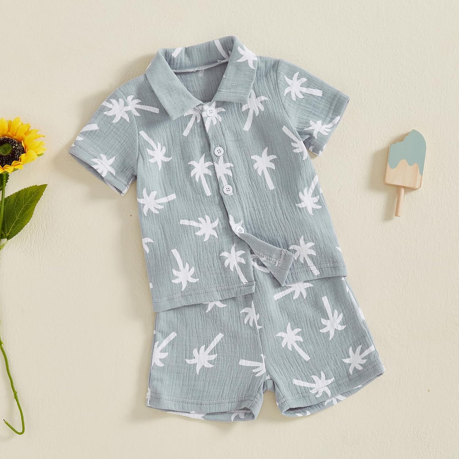 Cute Toddler Boys Beach Outfit Palm Print Short Sleeve 2PCS Beach Set