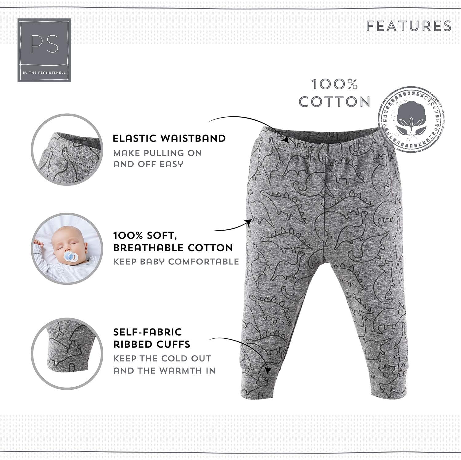 The Peanutshell 5 Pack Baby Pants Set - 100 Cotton Dinosaur