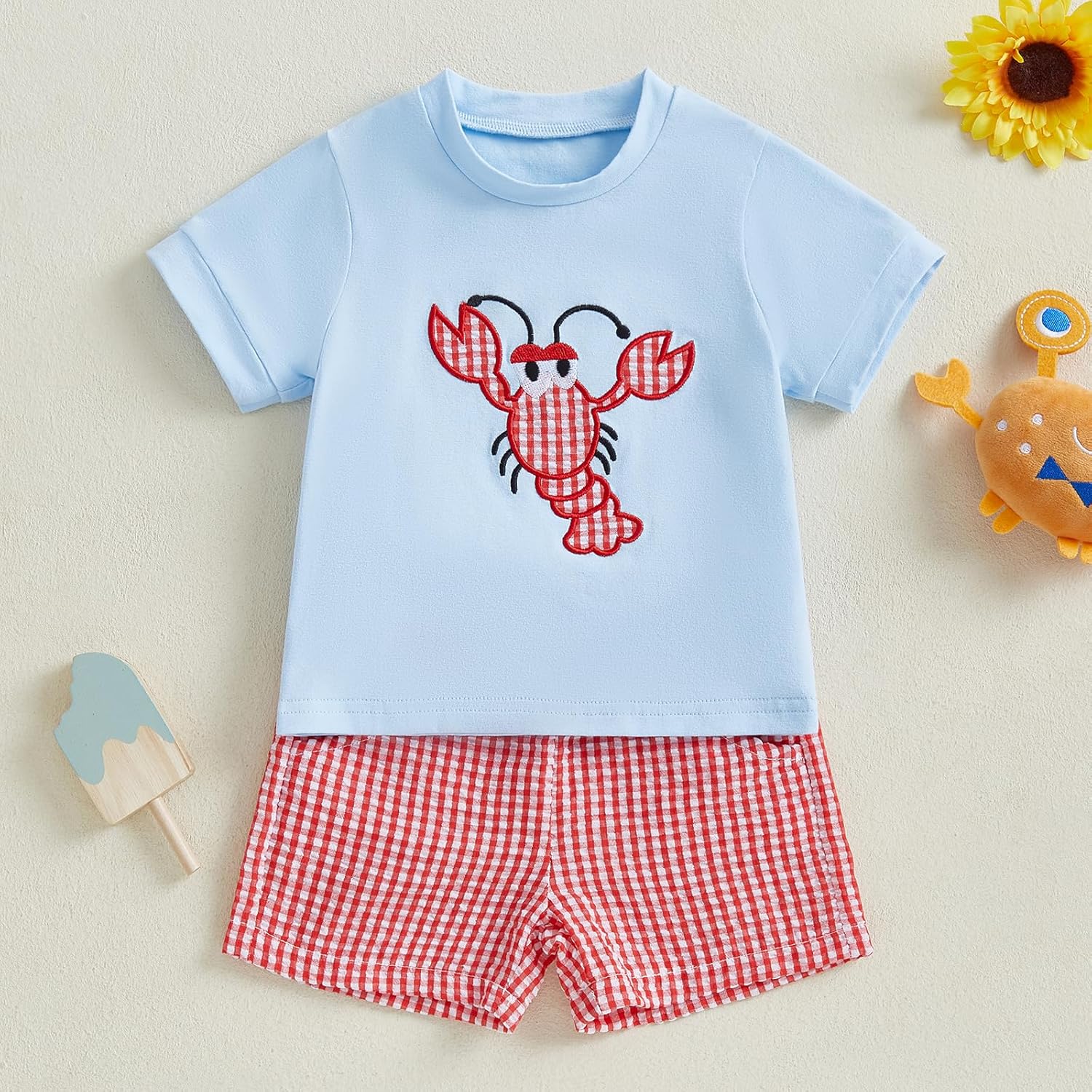 Lobster Crab Embroidery Short Set for Babies