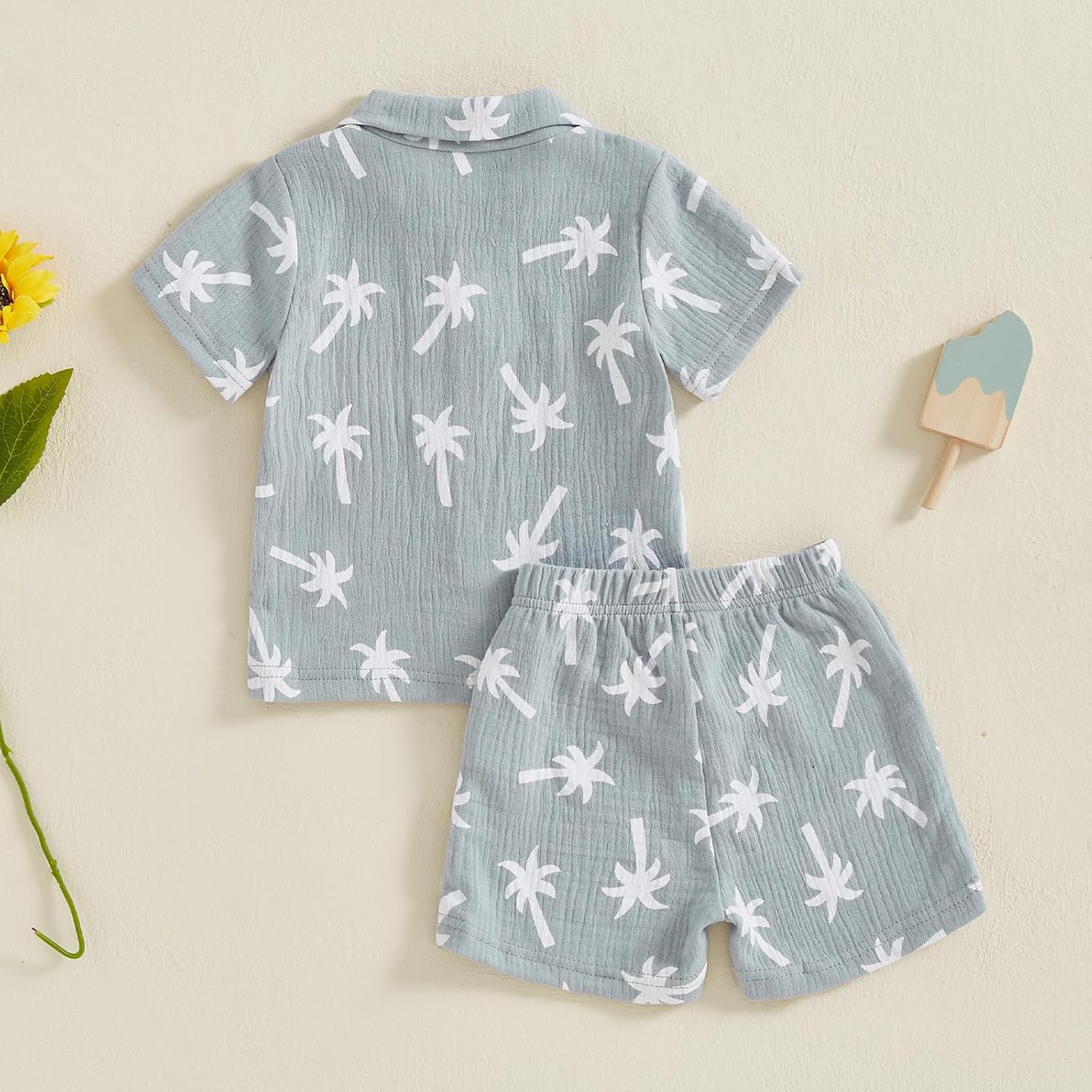 Cute Toddler Boys Beach Outfit Palm Print Short Sleeve 2PCS Beach Set